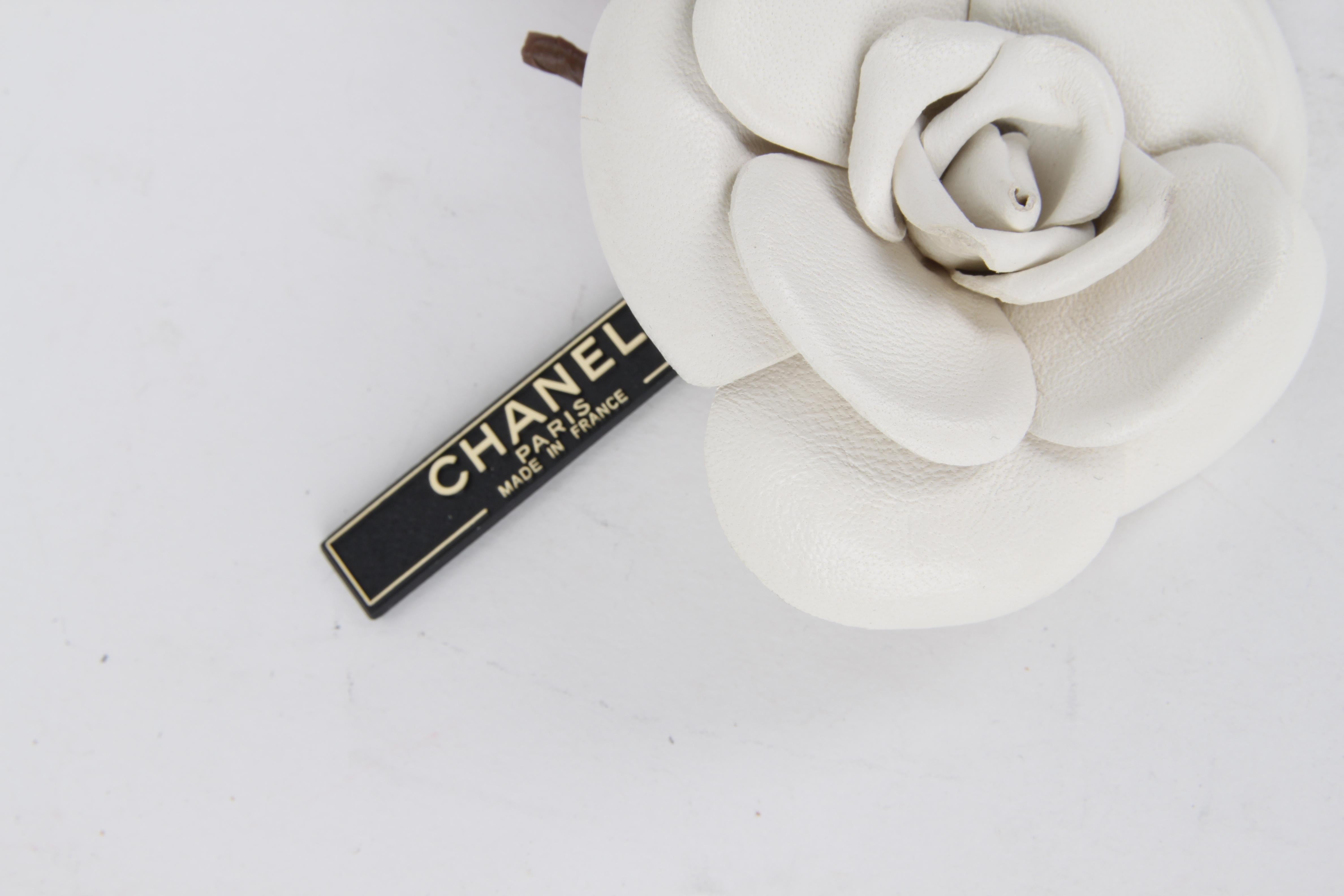 Chanel White Pink Leather Camellia Flower Brooch.

Crafted from silver leather, this regal brooch from Chanel features pink leather leave embellishments, the signature interlocking CC logo plate and a practical bar pin fastening.

Measurements: H: 8