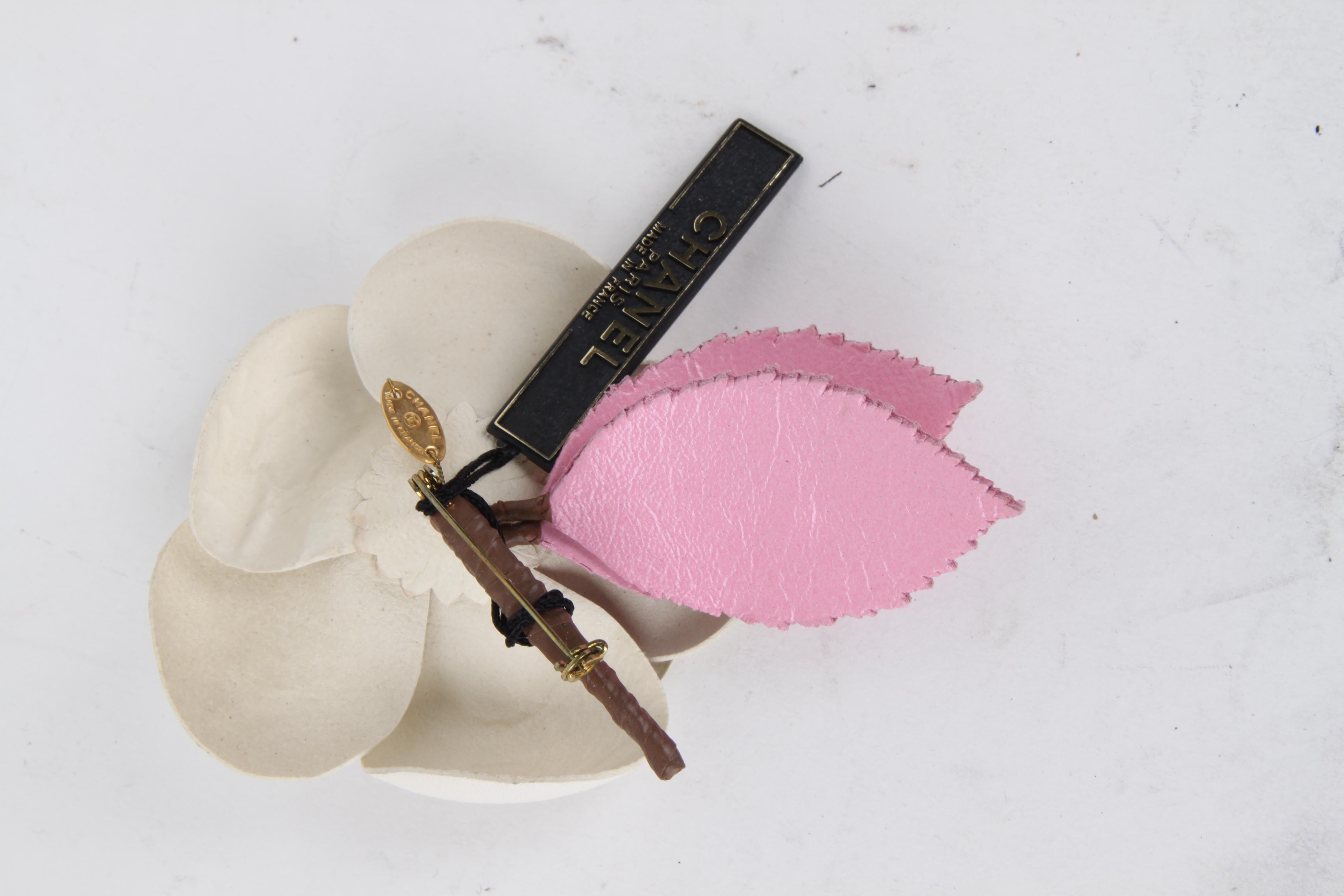 Women's or Men's Chanel White Pink Leather Camellia Flower Brooch For Sale