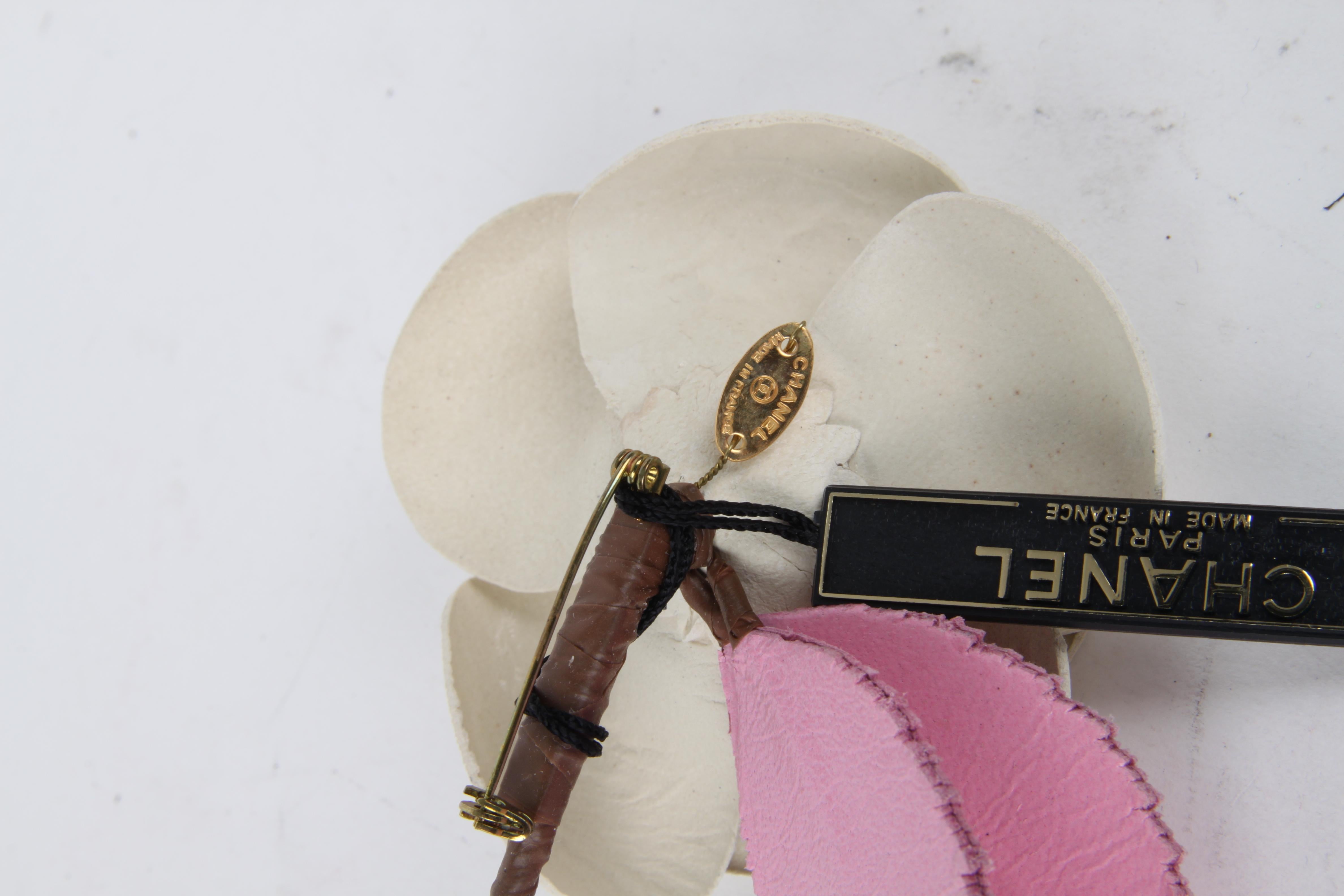 Chanel White Pink Leather Camellia Flower Brooch For Sale 1