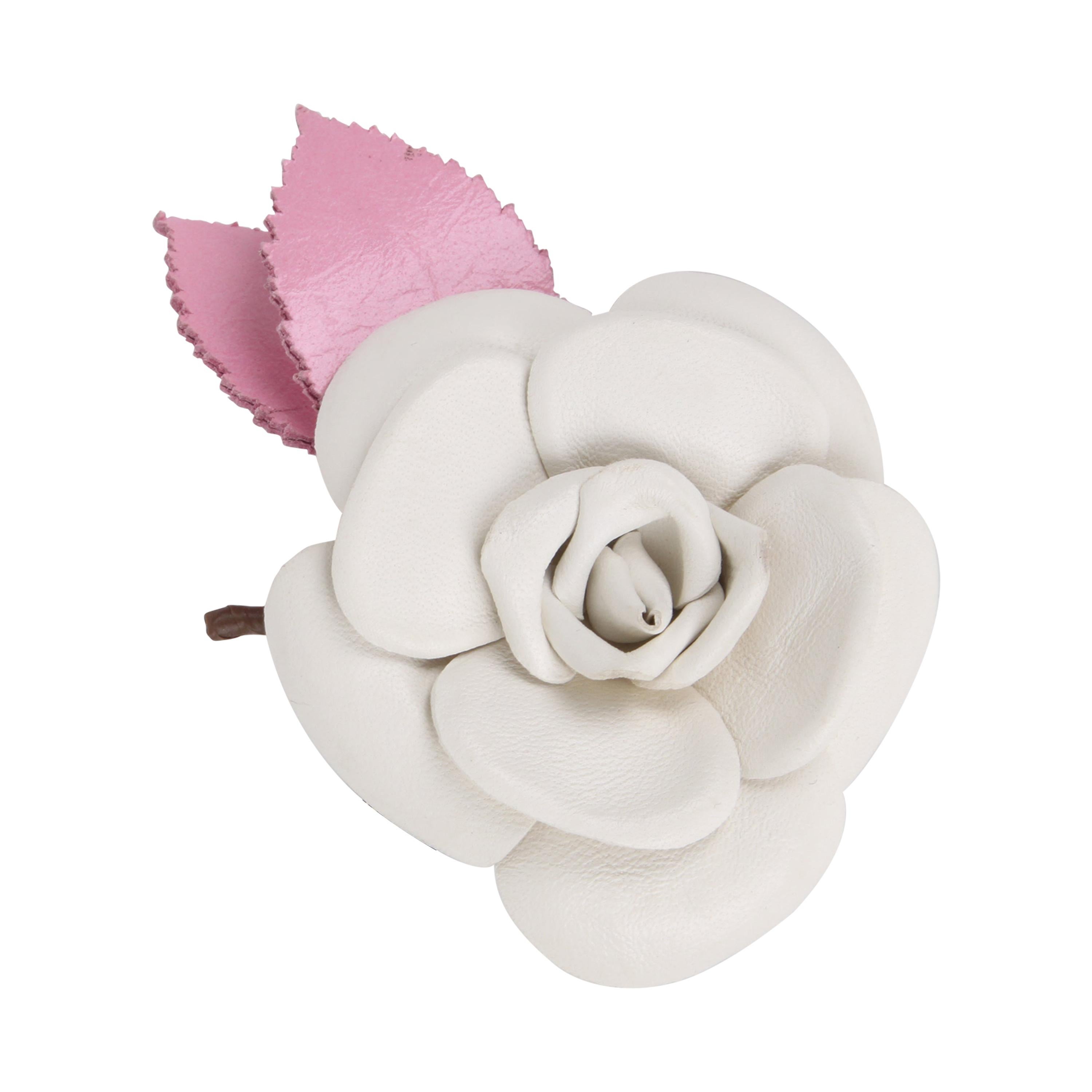 Chanel White Pink Leather Camellia Flower Brooch For Sale