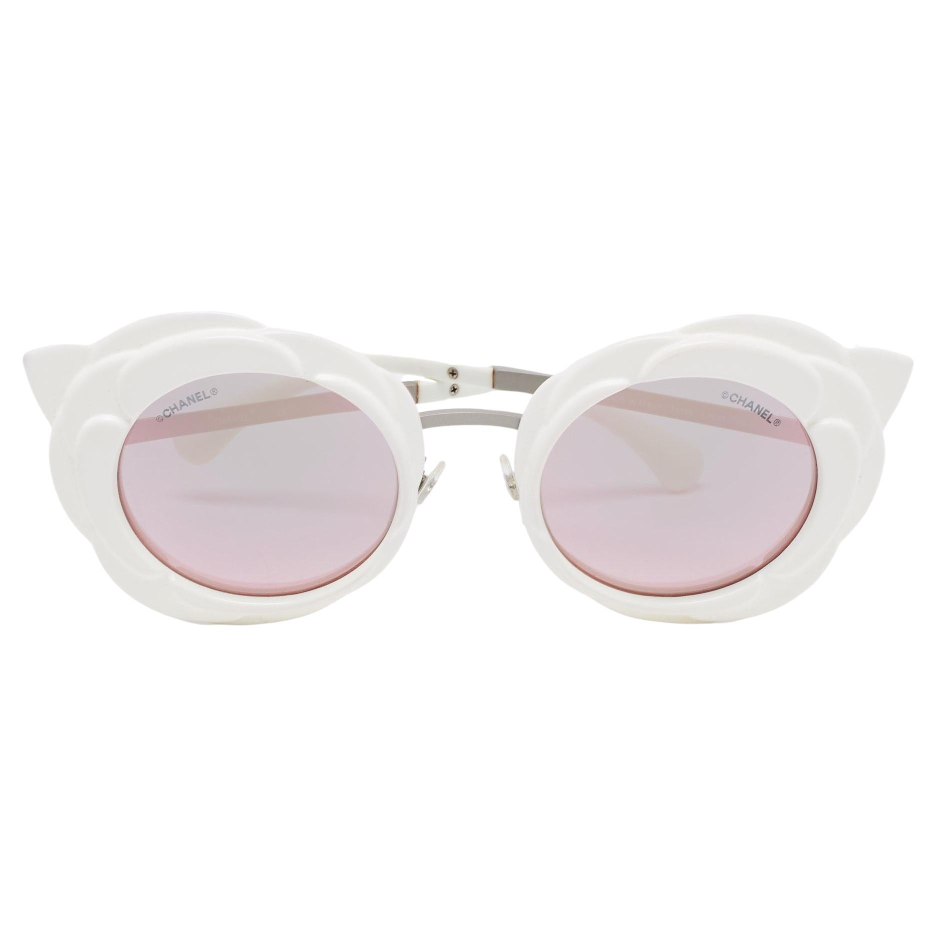 Chanel White/Pink Mirrored 71198 Camellia Round Sunglasses