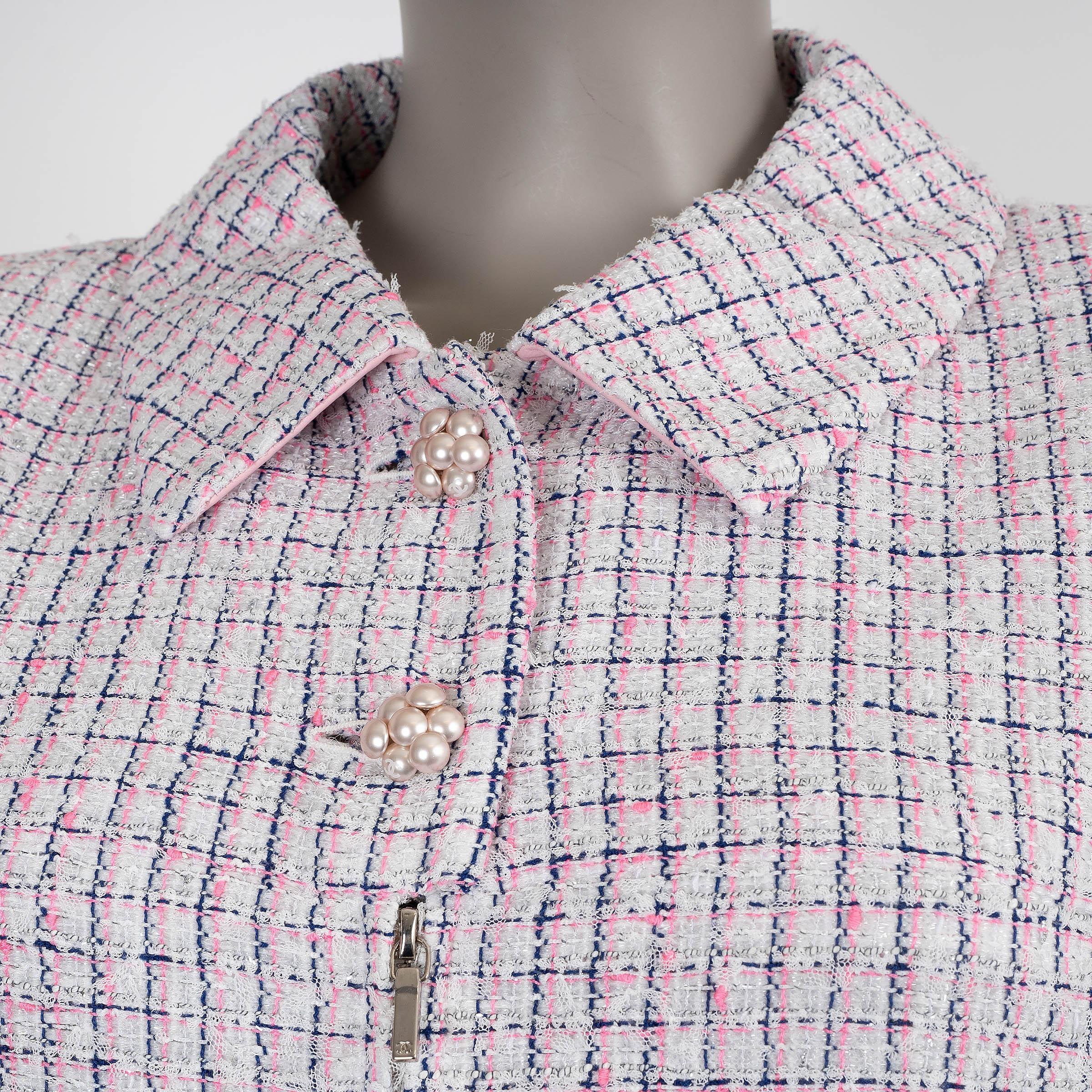 Women's CHANEL white pink navy 14S LEATHER TRIM TWEED MIDI SHIRT Dress 40 M For Sale