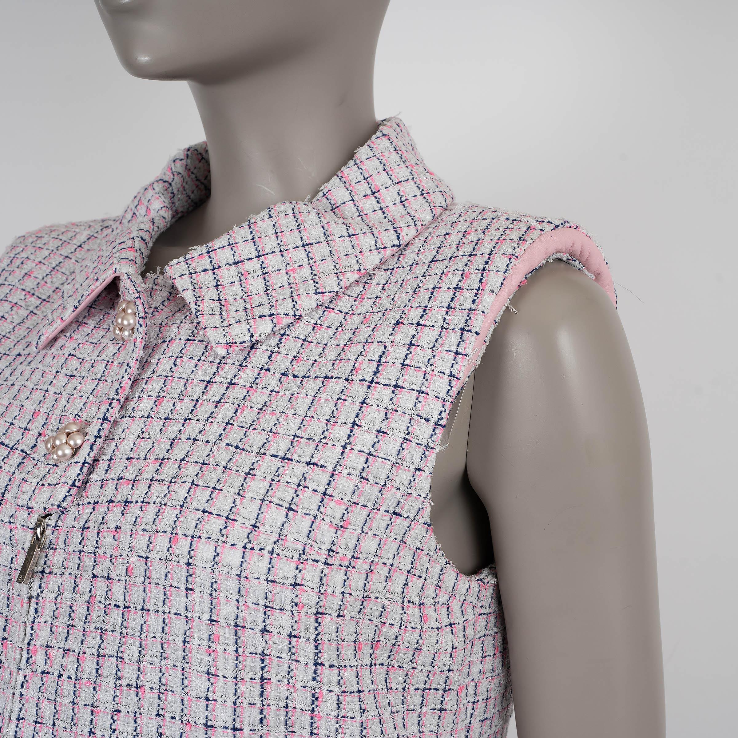 CHANEL white pink navy 14S LEATHER TRIM TWEED MIDI SHIRT Dress 40 M For Sale 1