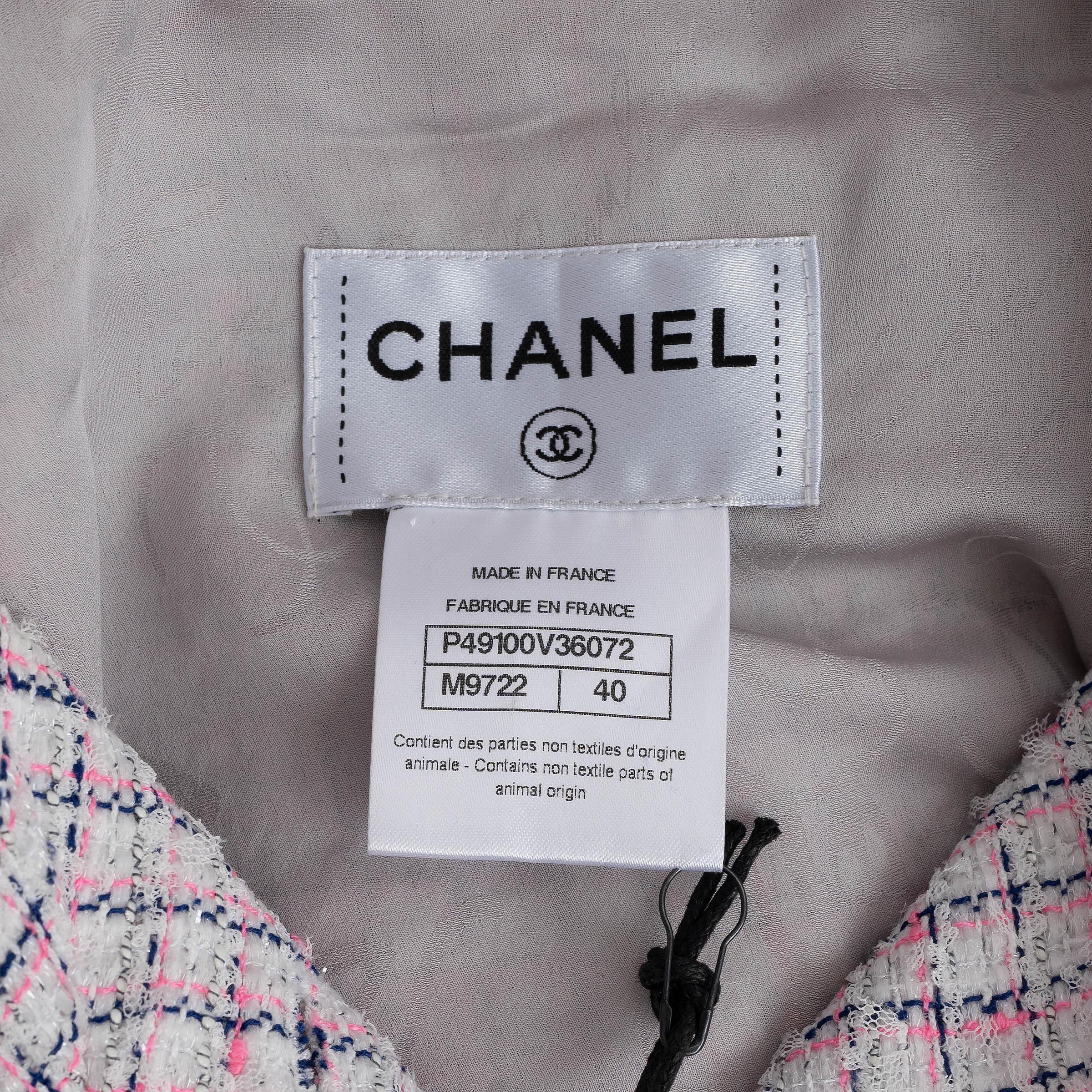 CHANEL white pink navy 14S LEATHER TRIM TWEED MIDI SHIRT Dress 40 M For Sale 2