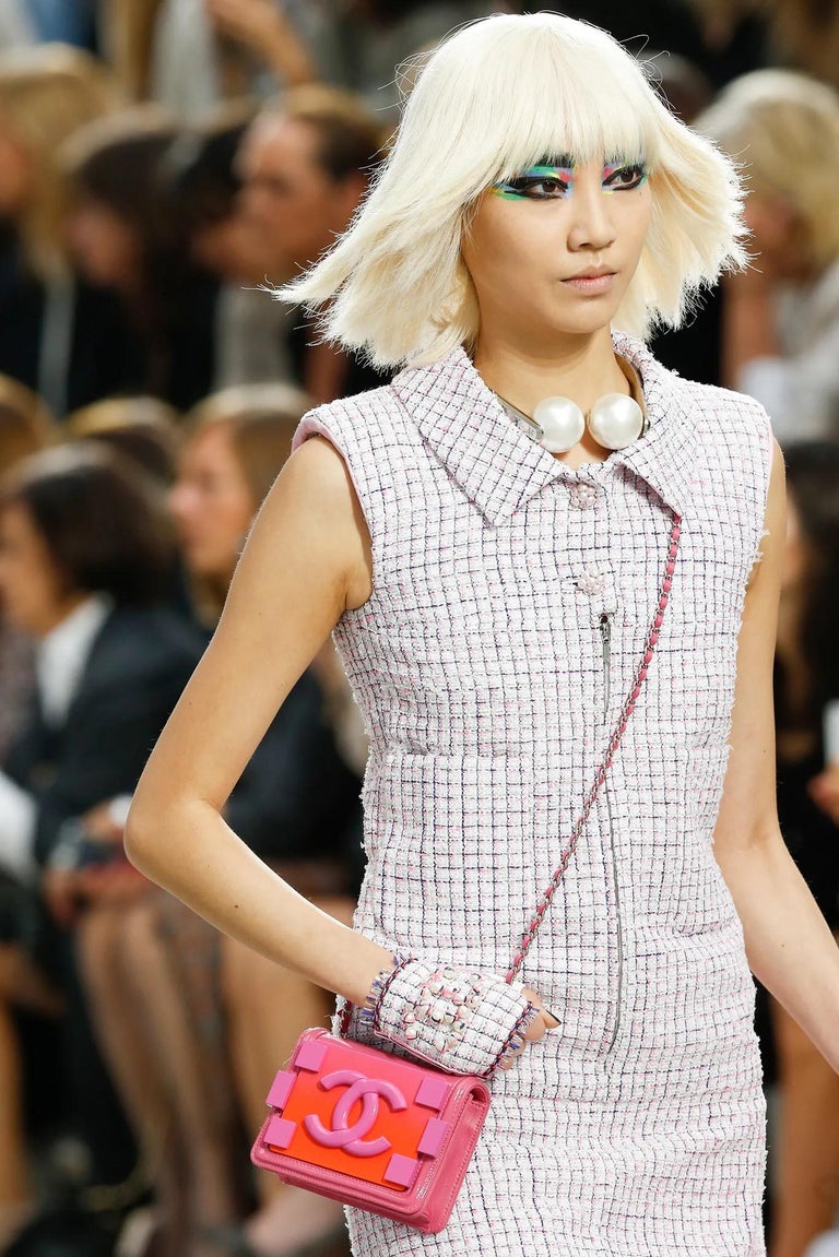Chanel 2014 Leather Trim Tweed Shirt Dress White/Pink/Navy
