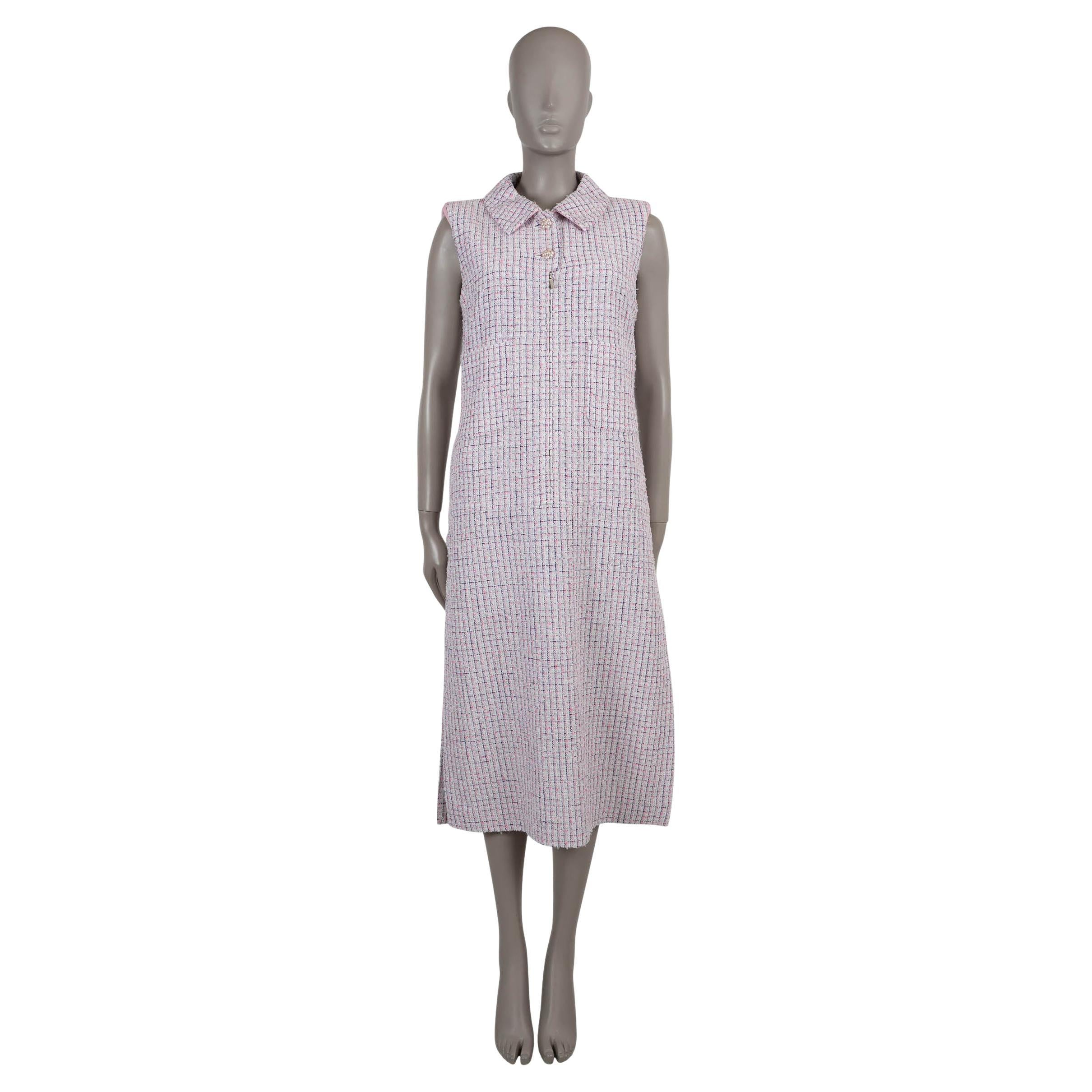 CHANEL blanco rosa marino 14S PIEL TRIM TWEED MIDI CAMISETA Vestido 40 M