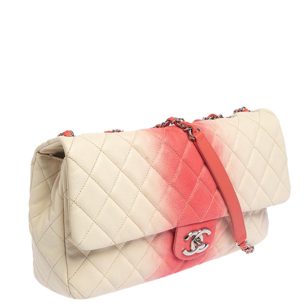 Orange Chanel White/Pink Ombre Quilted Caviar Leather Jumbo Classic Single Flap Bag