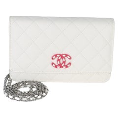 Chanel White Pink Quilted Caviar Woven CC Wallet On Chain