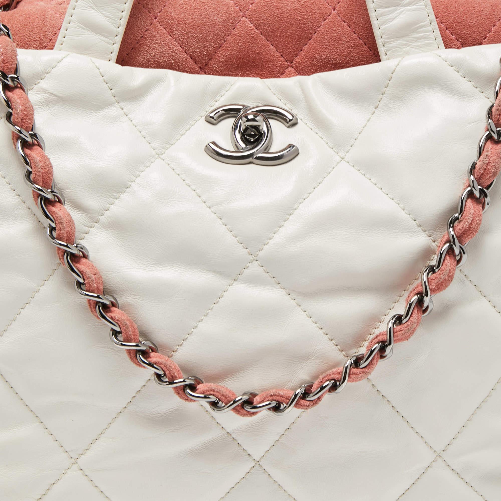 Chanel White/Pink Quilted Leather And Suede Portobello Tote 5