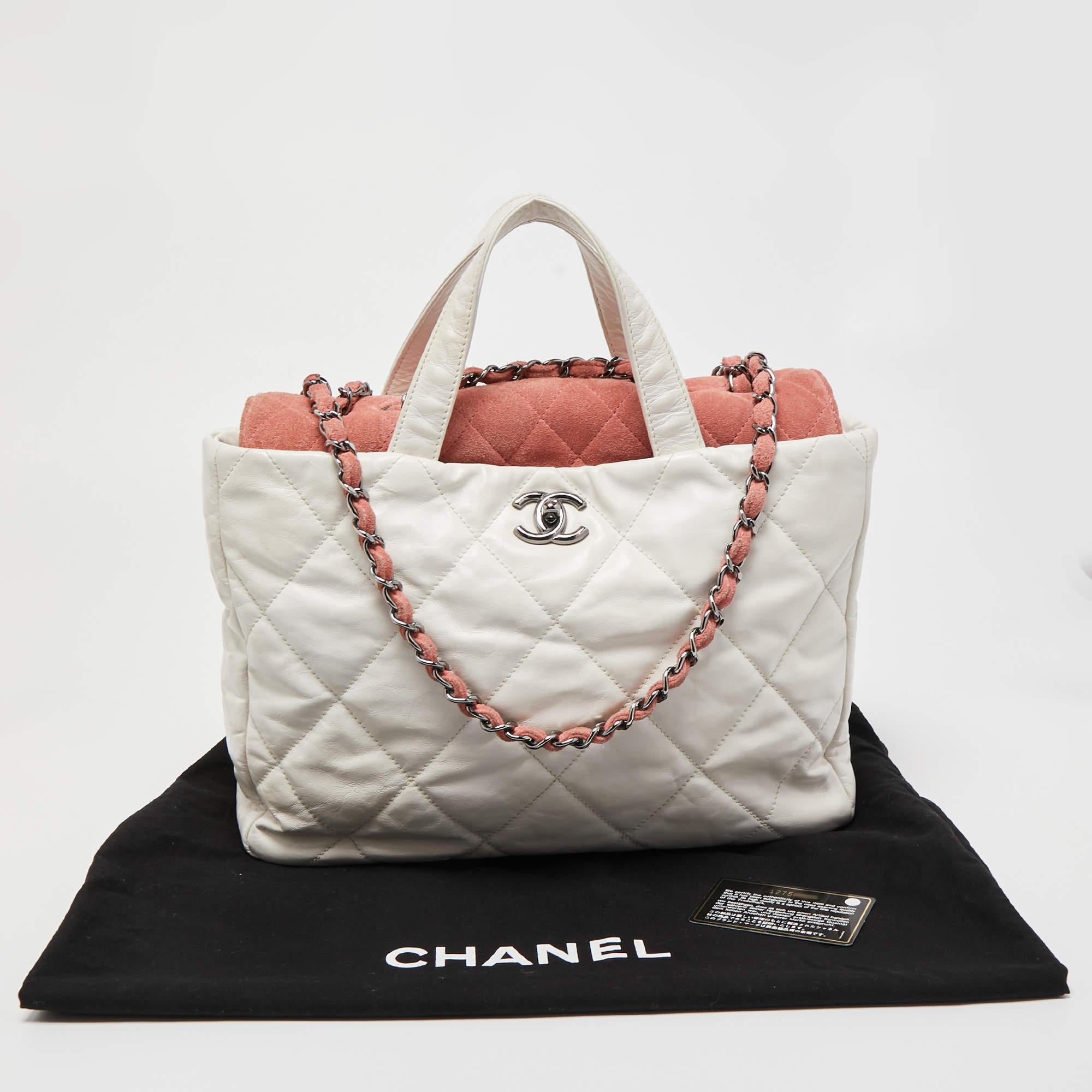 Chanel White/Pink Quilted Leather And Suede Portobello Tote 8