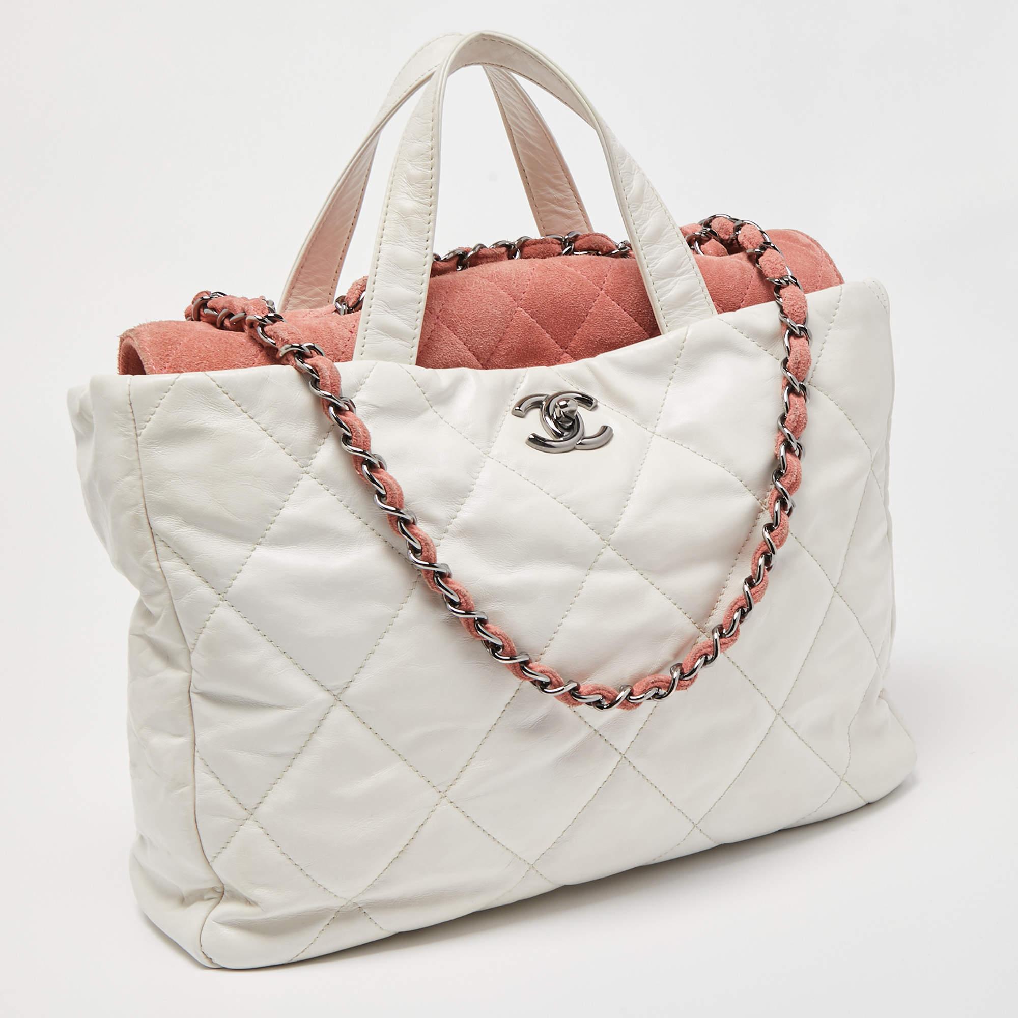 Beige Chanel White/Pink Quilted Leather And Suede Portobello Tote