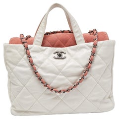 Chanel White/Pink Quilted Leather And Suede Portobello Tote