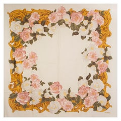 CHANEL white pink wool & silk CAMELIA PRINT Shawl Scarf