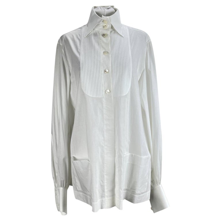 Chanel White Pintucked Cotton Shirt Blouse Size 38 FR For Sale at 1stDibs