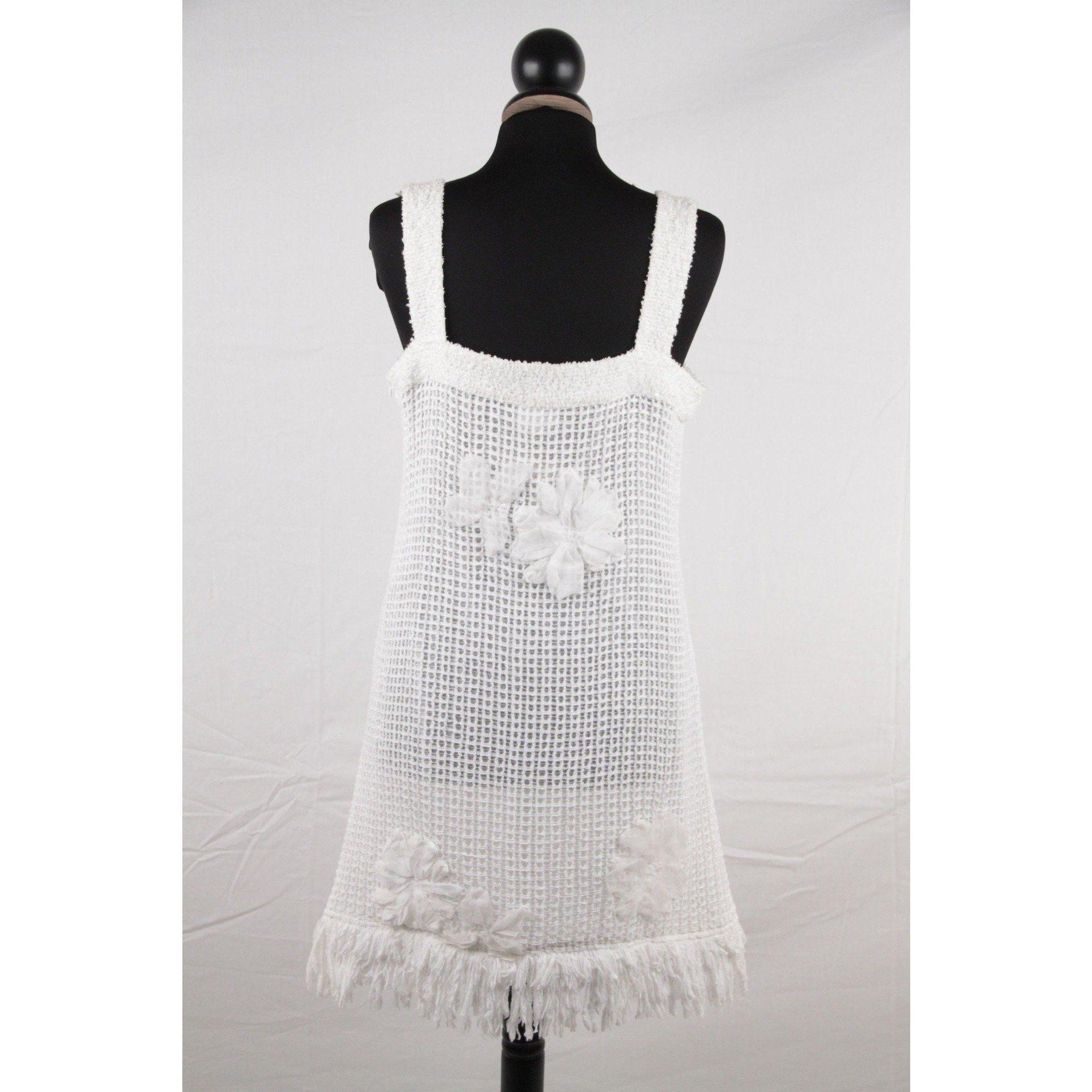 Gray Chanel White Pure Cotton Sleeveless Shift Dress with Flowers Size 40