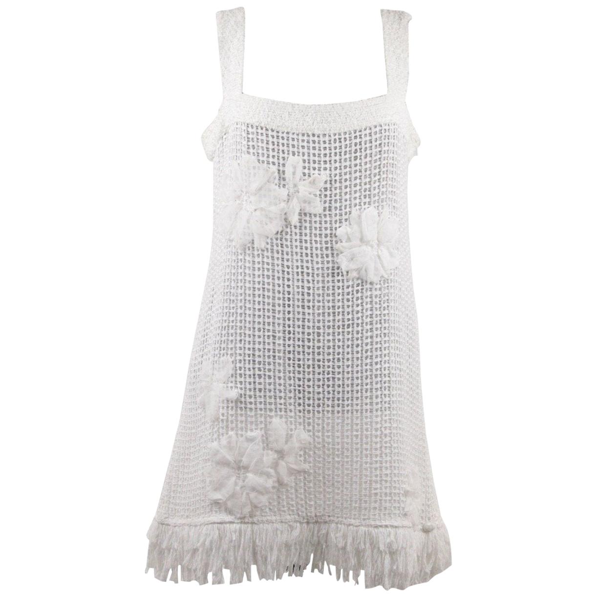 Chanel White Pure Cotton Sleeveless Shift Dress with Flowers Size 40