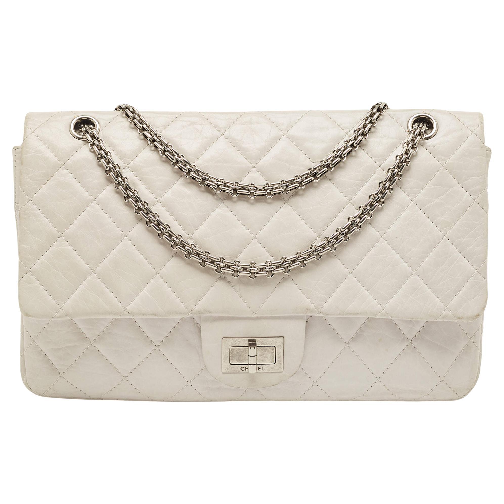 Chanel White Quilted Aged Leather Reissue 2.55 Classic 227 Flap Bag For Sale