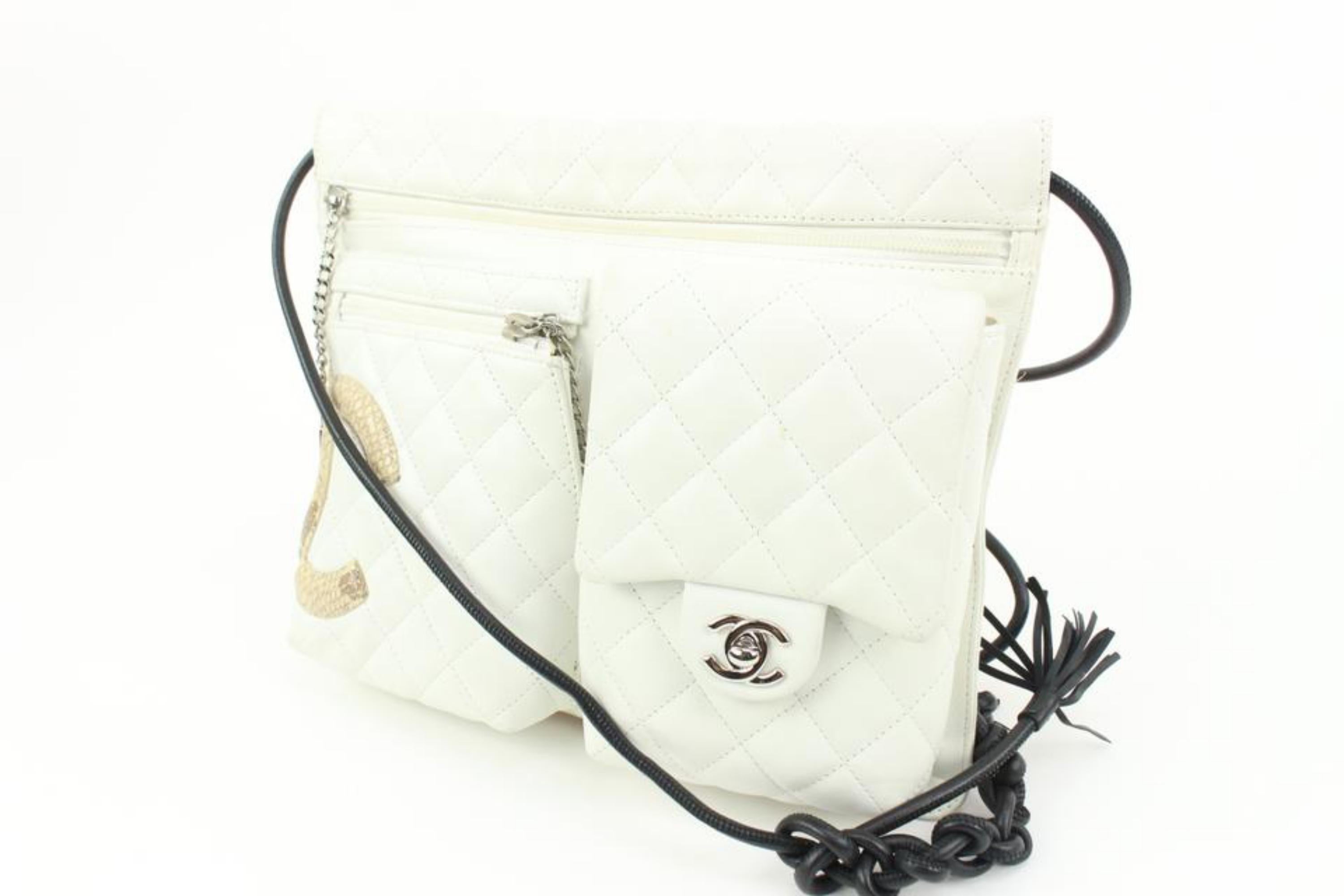 Chanel White Quilted Cambon Waist Pouch Fanny Pack 2way Crossbody 7ck310s
Date Code/Serial Number: 9850607
Made In: France
Measurements: Length:  11