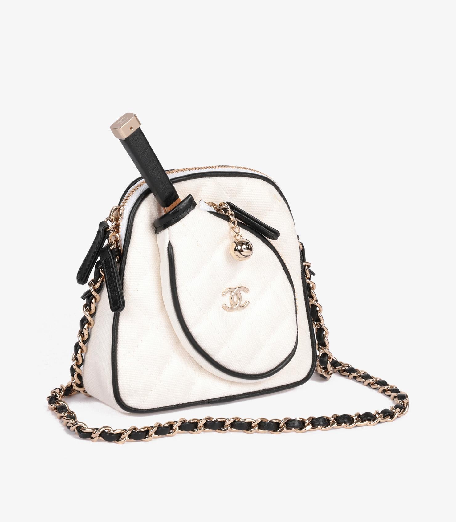 Chanel Mini bolso cruzado de lona acolchada blanca y piel de becerro negra Beige en venta