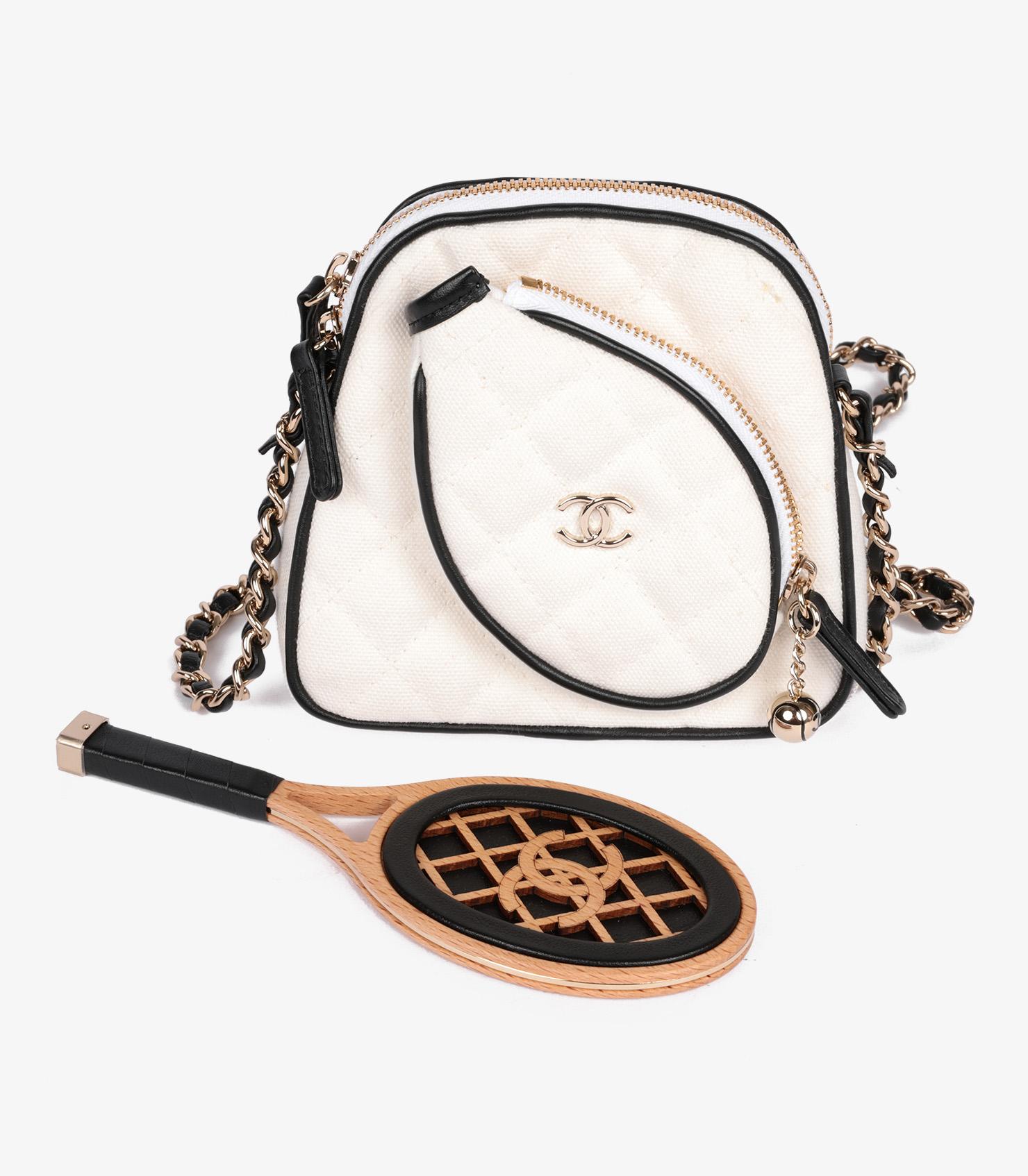 Women's or Men's Chanel White Quilted Canvas & Black Calfskin Leather Mini Crossbody Tennis Bag For Sale