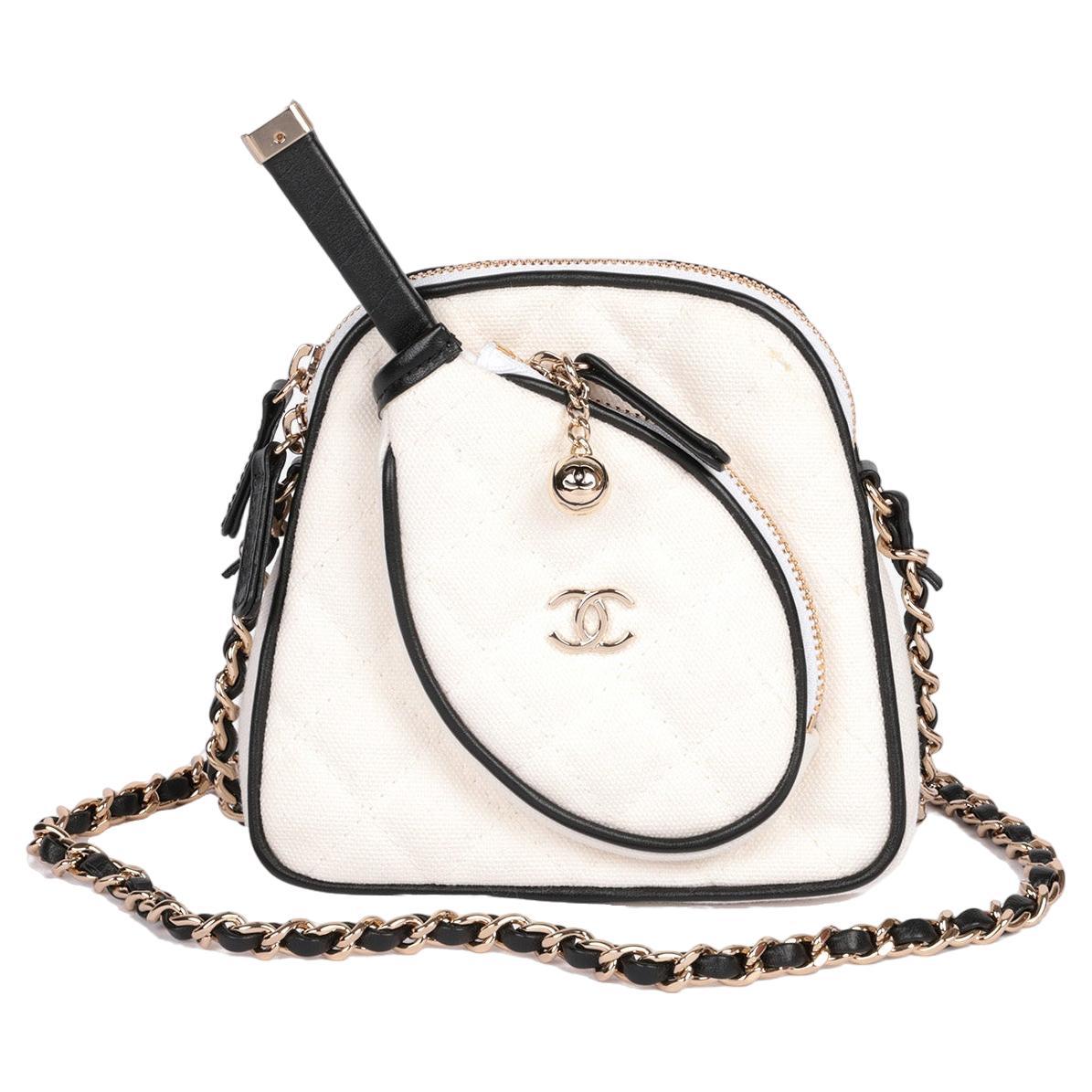 Chanel White Quilted Canvas & Black Calfskin Leather Mini Crossbody Tennis Bag For Sale