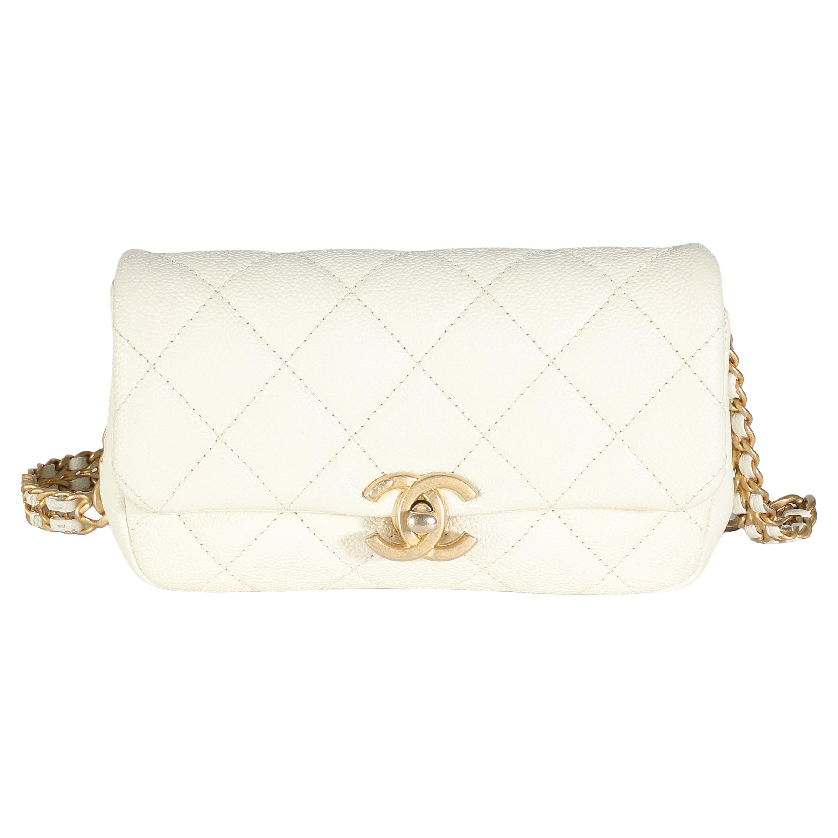Chanel White Quilted Caviar Chain Melody Waist Belt Bag