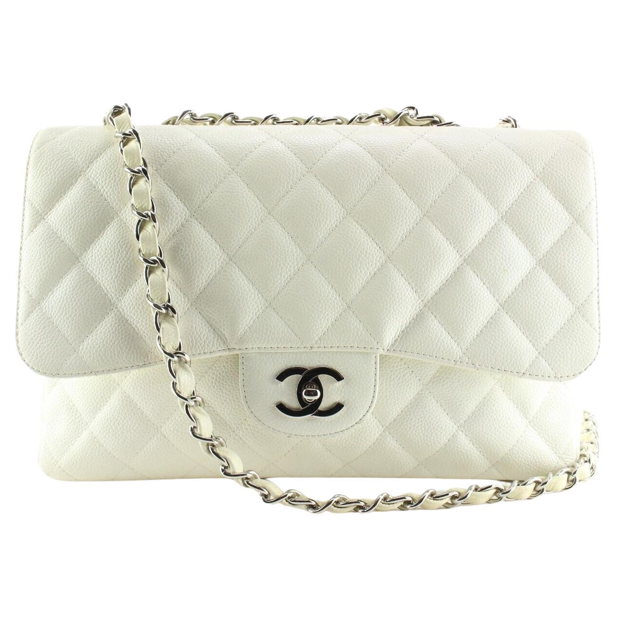 Chanel White Quilted Caviar Jumbo Classic Flap SHW 1CK0308 For Sale
