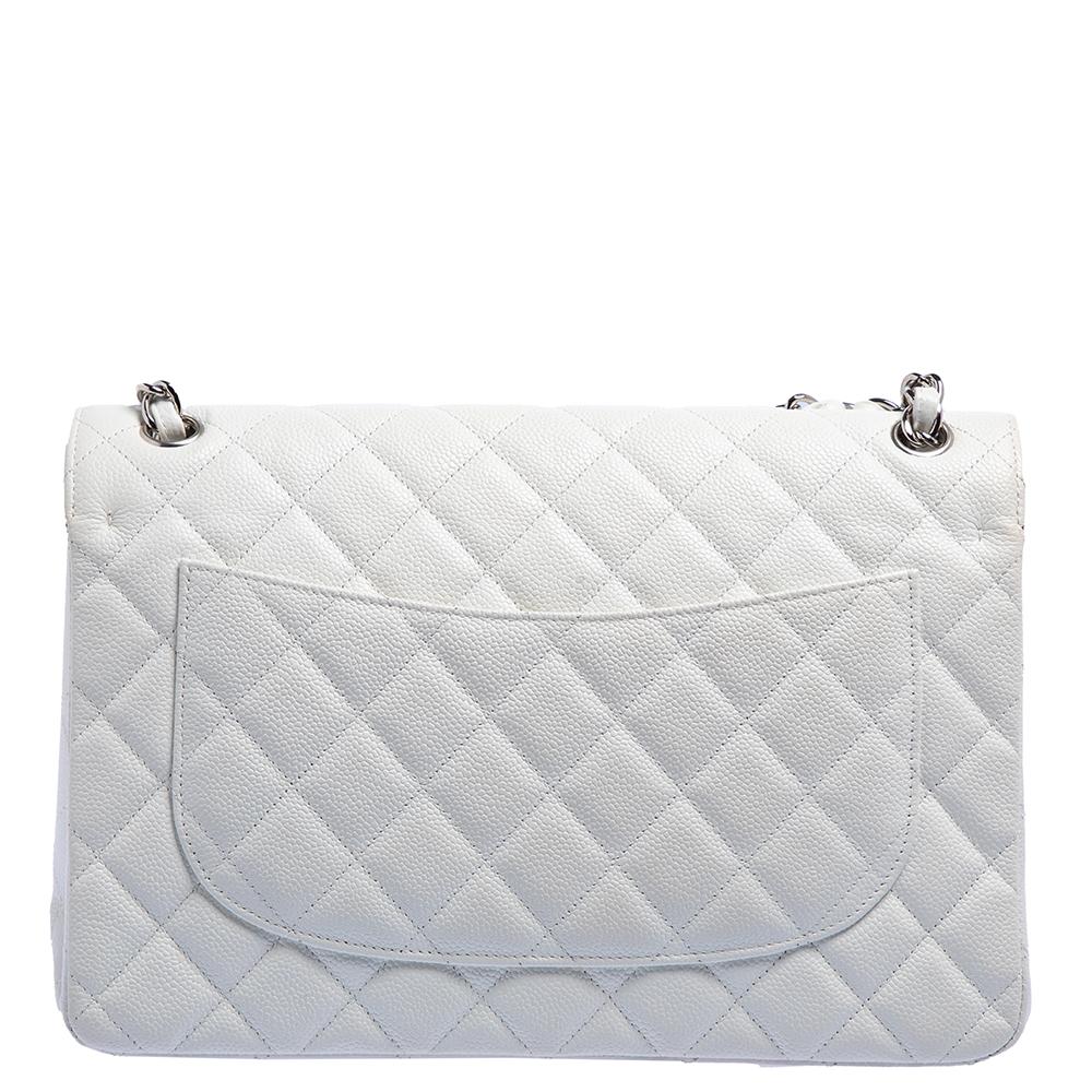 Chanel White Quilted Caviar Leather Edition Jumbo Classic Double Flap Bag In Good Condition In Dubai, Al Qouz 2