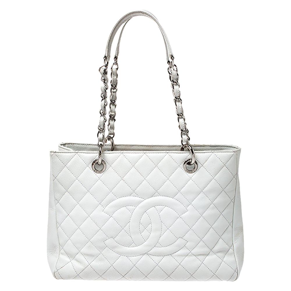 Chanel White Quilted Caviar Leather Grand Shopper Tote For Sale at 1stDibs