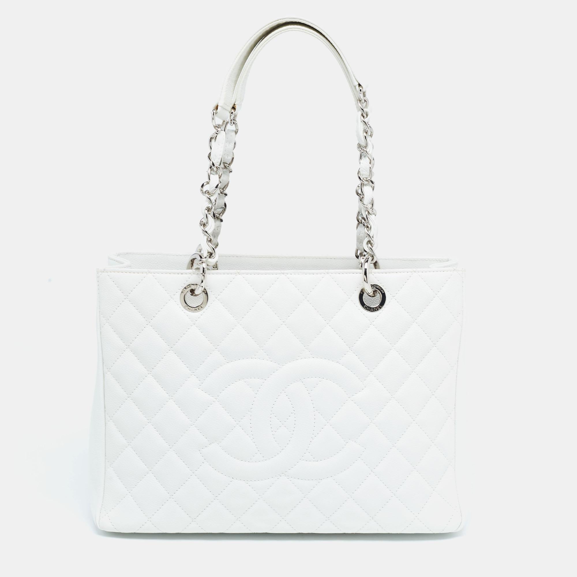 Chanel White Quilted Caviar Leather Grand Shopping Tote For Sale 5