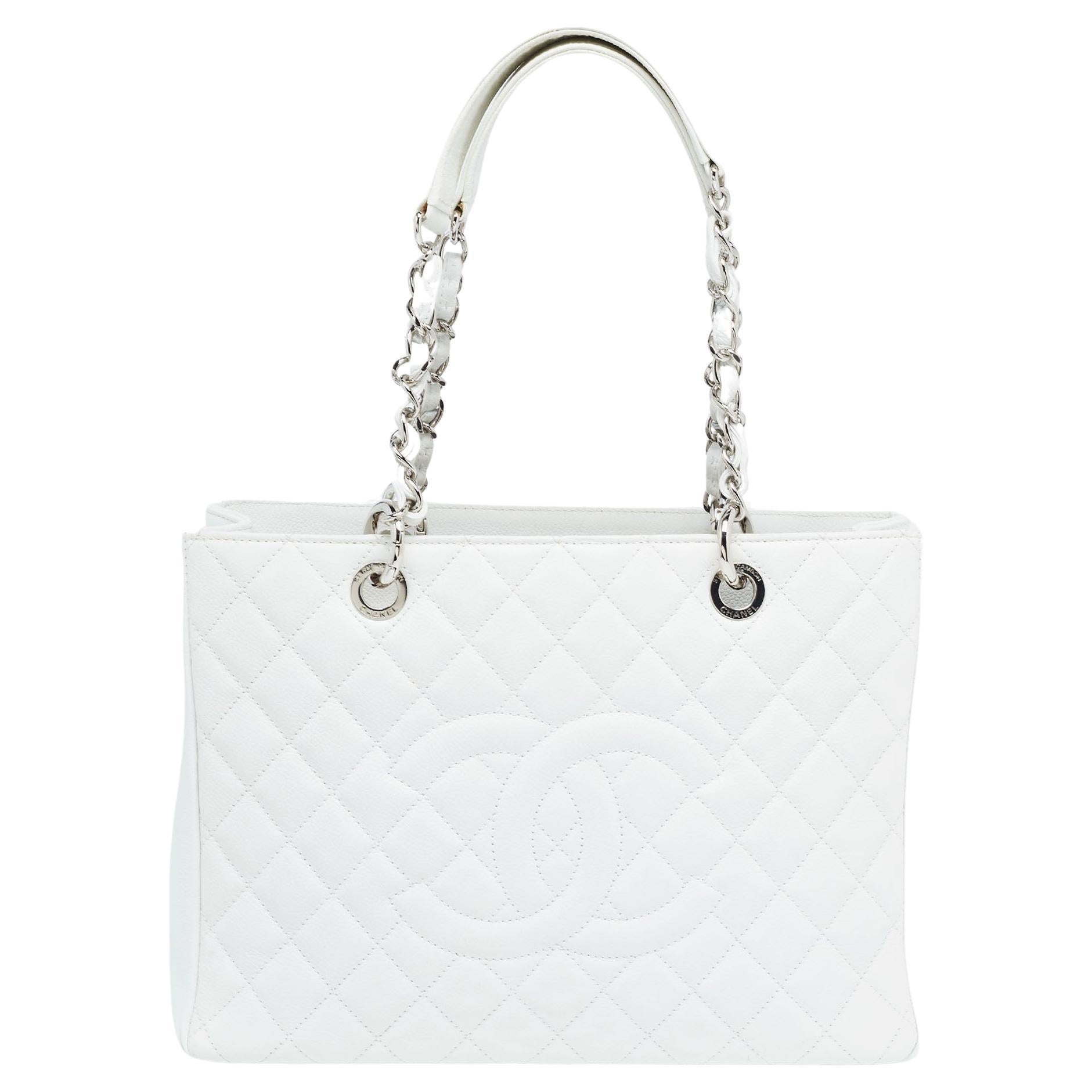 Chanel White Quilted Caviar Leather Grand Shopping Tote For Sale