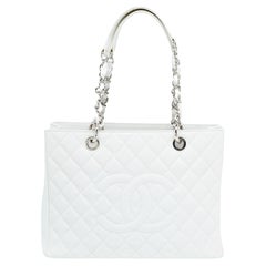 Used Chanel White Quilted Caviar Leather Grand Shopping Tote
