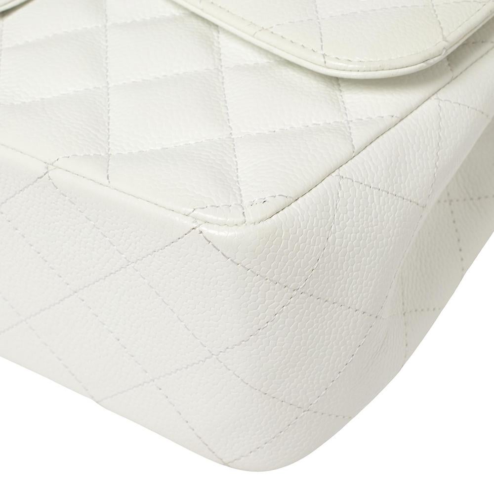 Chanel White Quilted Caviar Leather Jumbo Classic Double Flap Bag 5