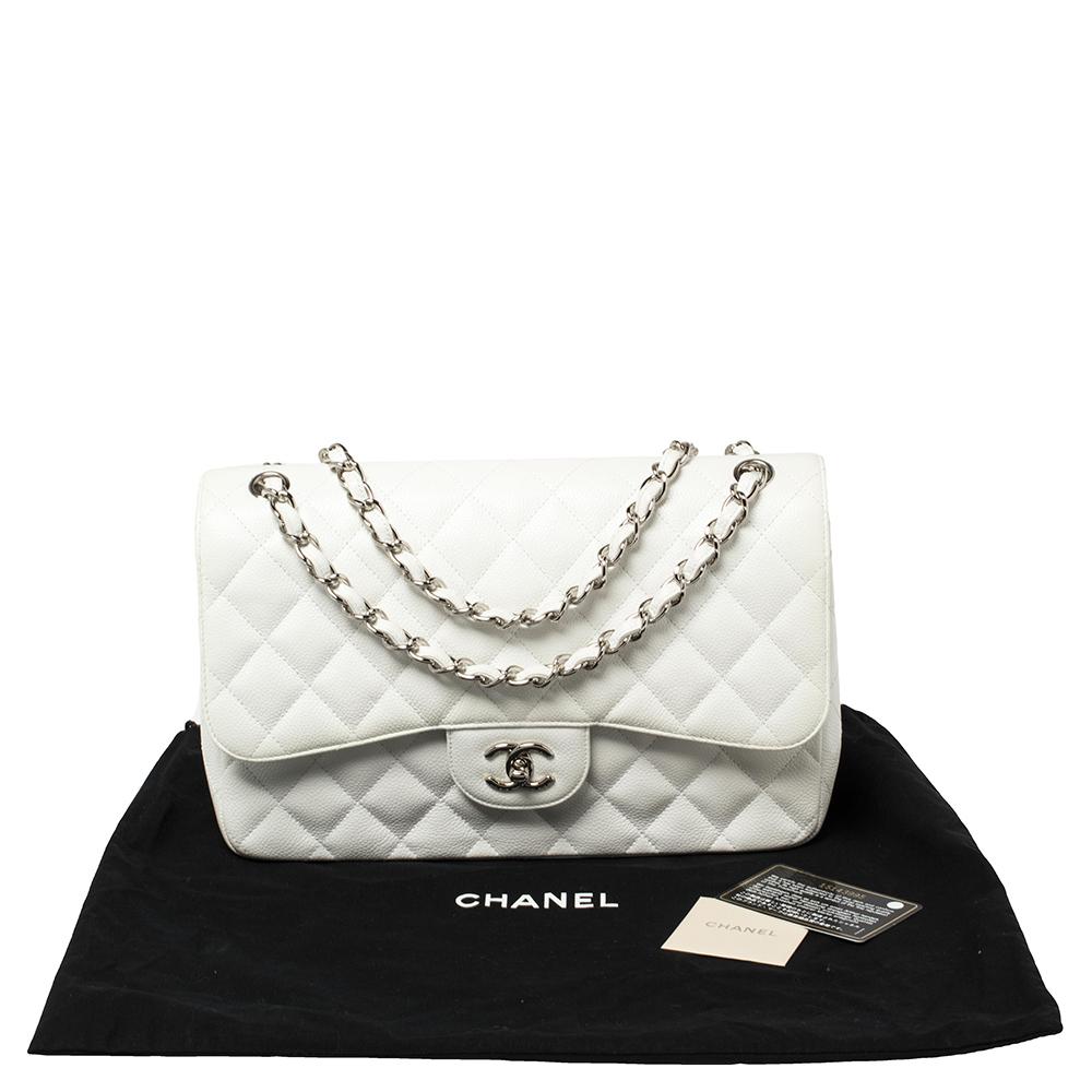 Chanel White Quilted Caviar Leather Jumbo Classic Double Flap Bag 7