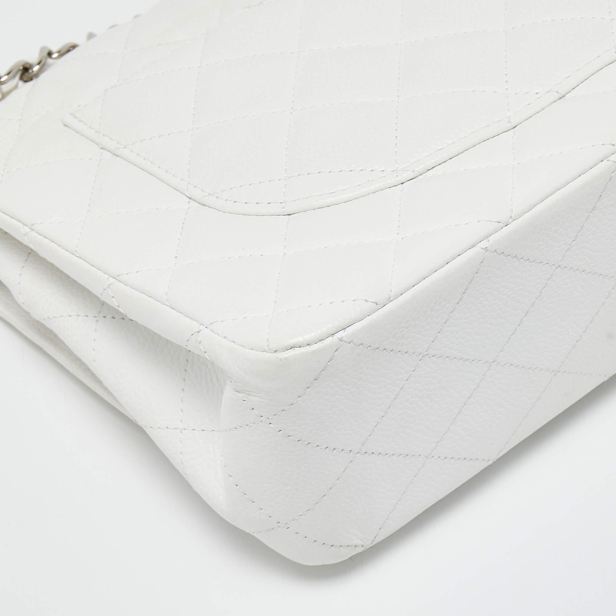 Chanel White Quilted Caviar Leather Jumbo Classic Double Flap Bag 8