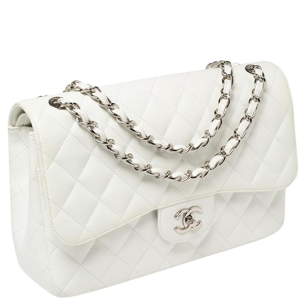 Chanel White Quilted Caviar Leather Jumbo Classic Double Flap Bag In Fair Condition In Dubai, Al Qouz 2