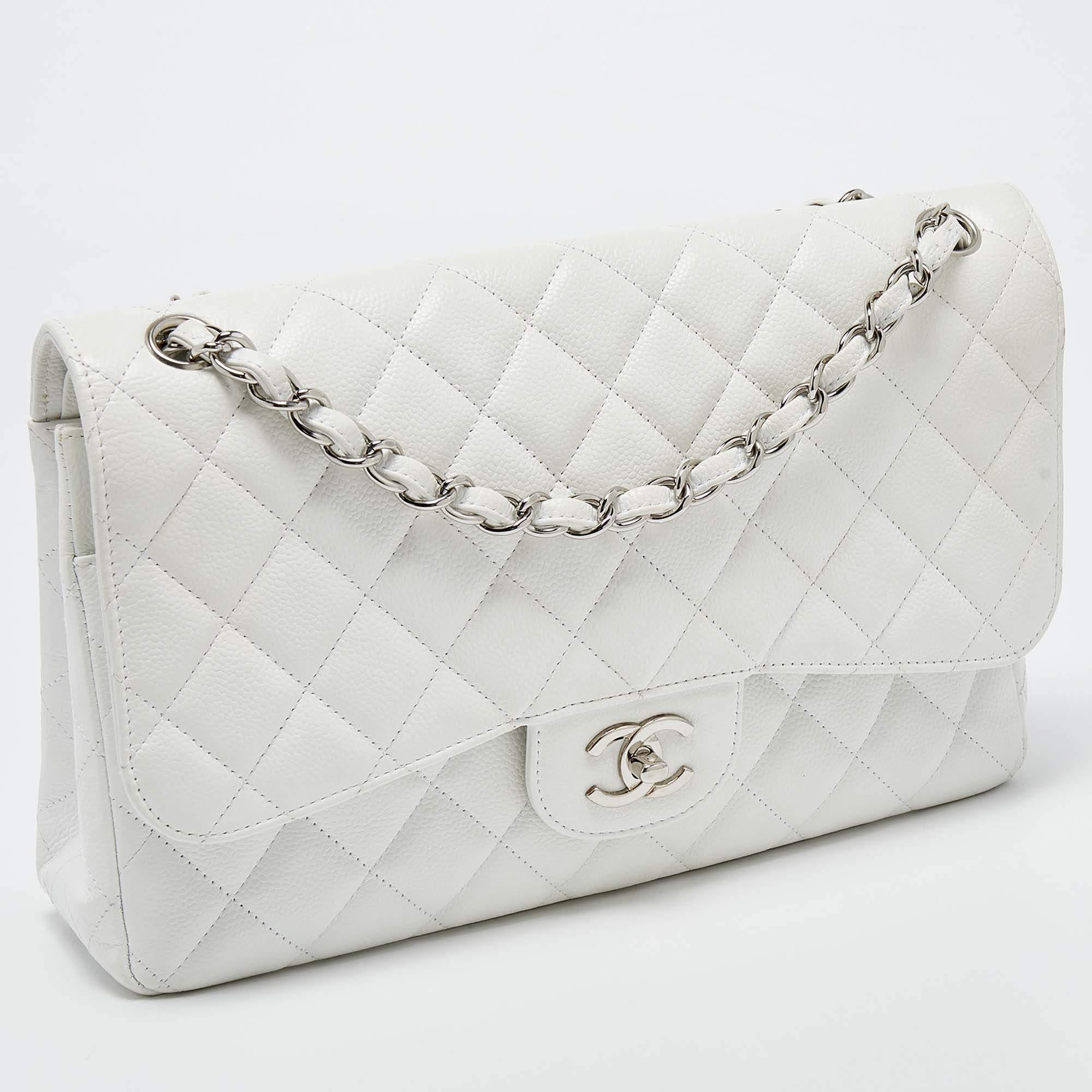Women's Chanel White Quilted Caviar Leather Jumbo Classic Double Flap Bag