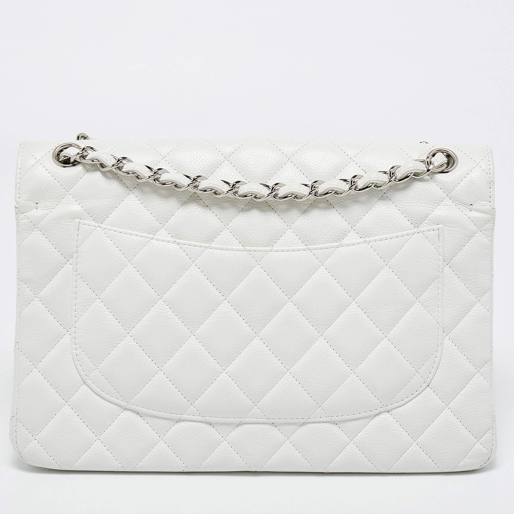 Chanel White Quilted Caviar Leather Jumbo Classic Double Flap Bag 1