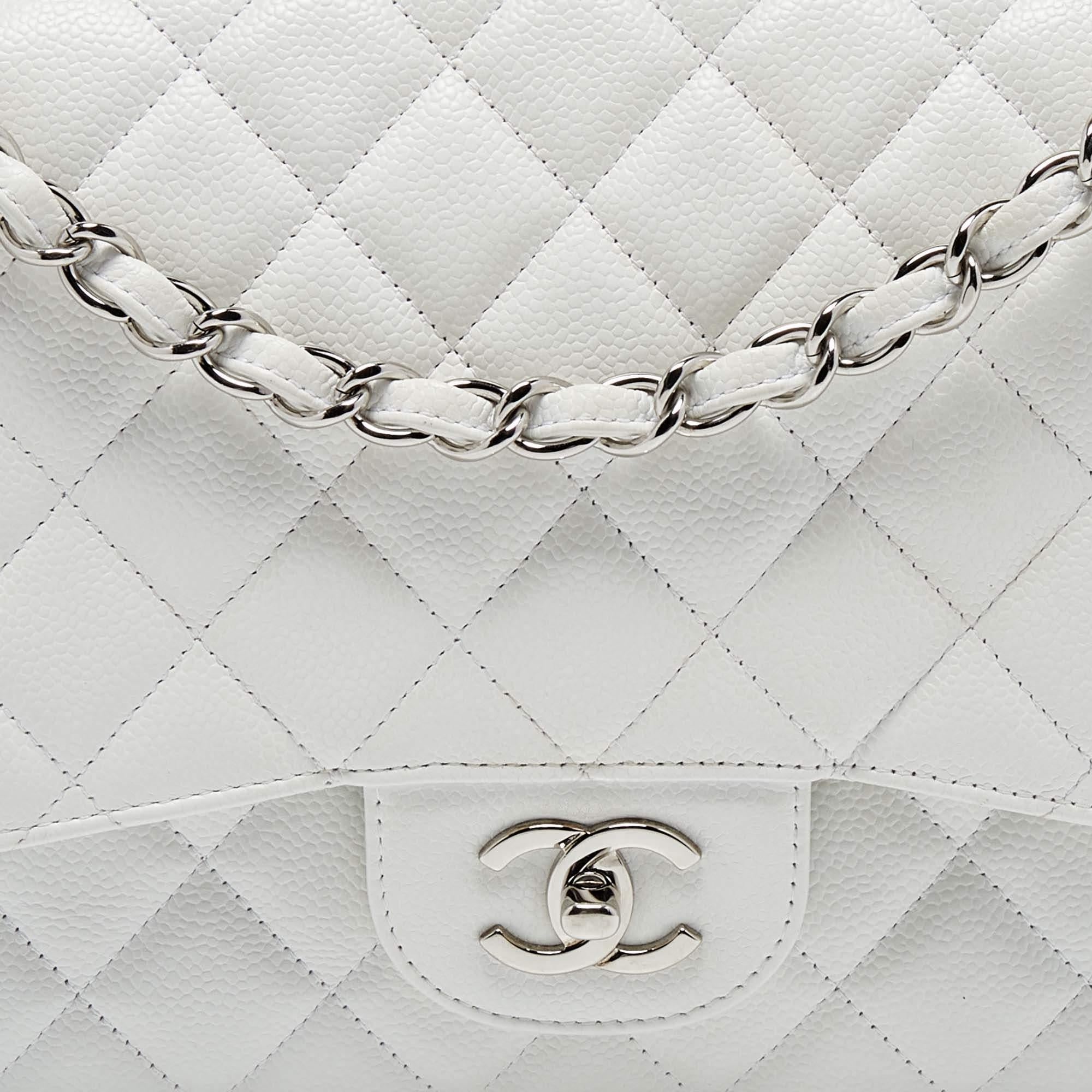 Chanel White Quilted Caviar Leather Jumbo Classic Double Flap Bag 5