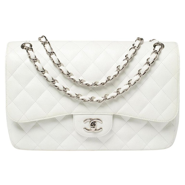 Chanel White Quilted Caviar Leather Jumbo Classic Double Flap Bag at 1stDibs