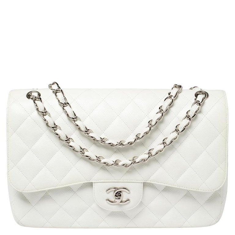 Chanel White Quilted Caviar Leather Jumbo Classic Double Flap Bag at 1stDibs