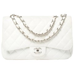 Chanel Weißes gestepptes Kaviarleder Jumbo Classic Single Flap Tasche