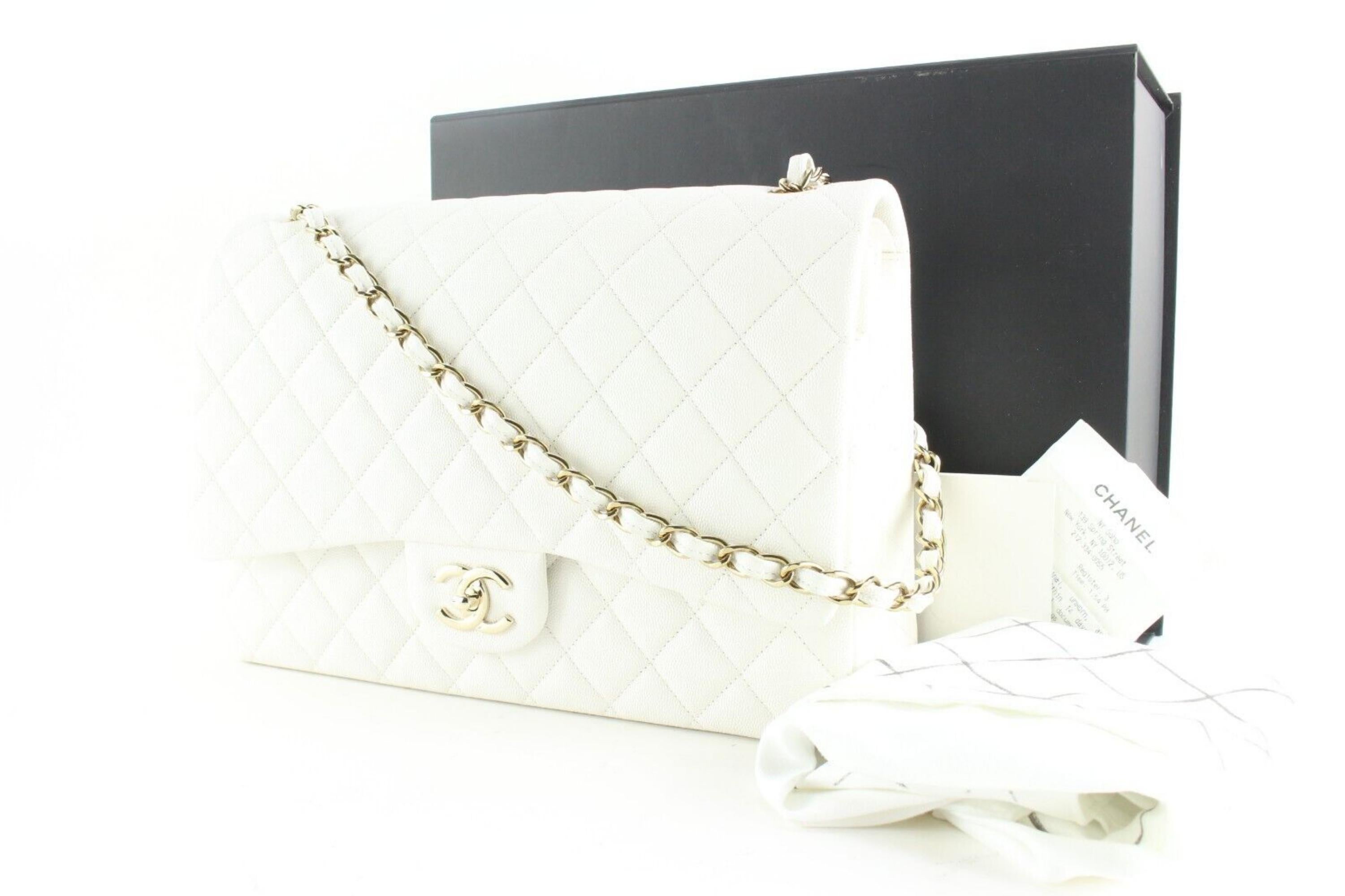 Chanel White Quilted Caviar Leather Maxi Classic Double Flap 2CK0215 For Sale 6