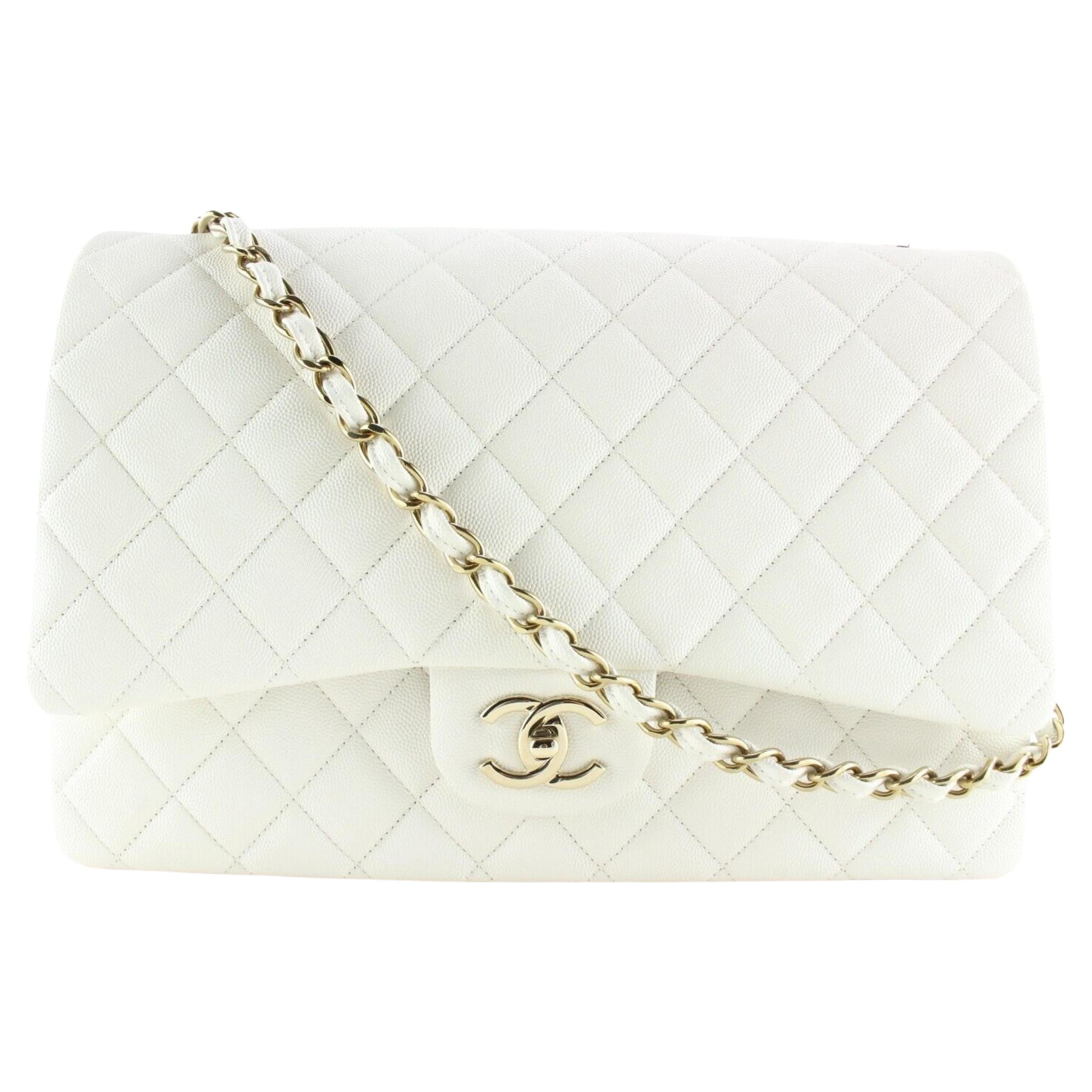 Chanel White Quilted Caviar Leather Maxi Classic Double Flap 2CK0215 For Sale