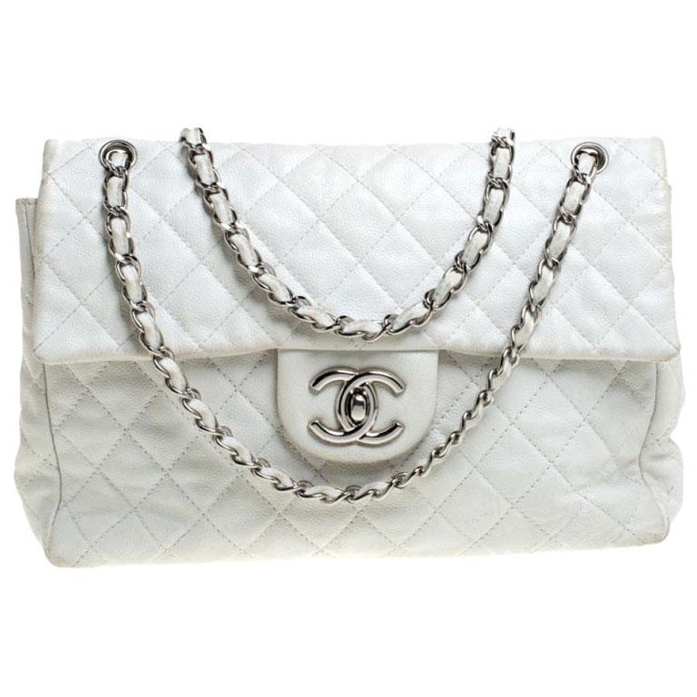Chanel White Quilted Caviar Leather Maxi Classic Single Flap Bag