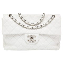 Chanel White Quilted Caviar Leather Maxi Vintage Classic Single Flap Bag