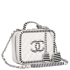 CHANEL White Quilted Caviar Leather Medium Filigree Vanity Case