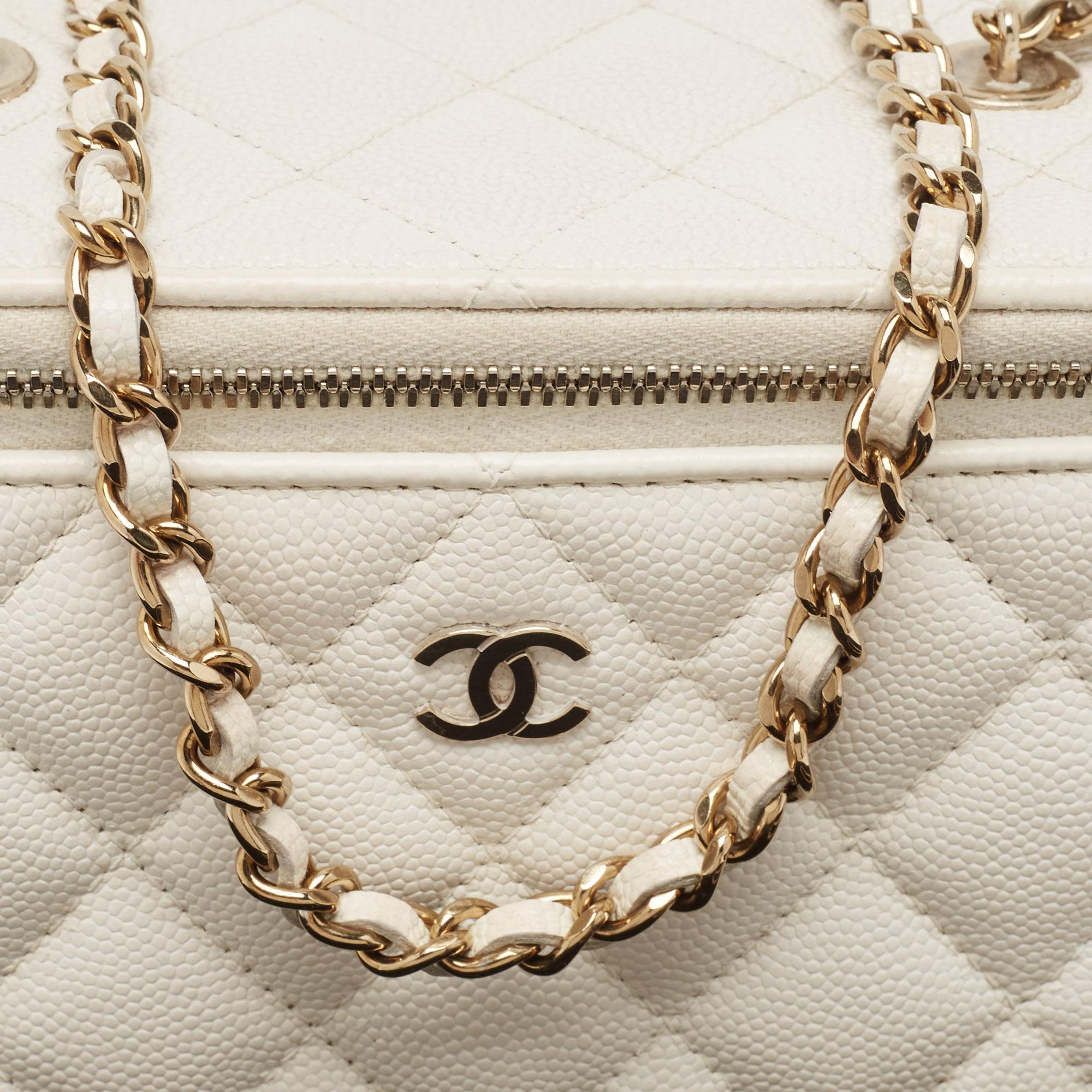 Chanel White Quilted Caviar Leather Small CC Vanity Case Bag 1