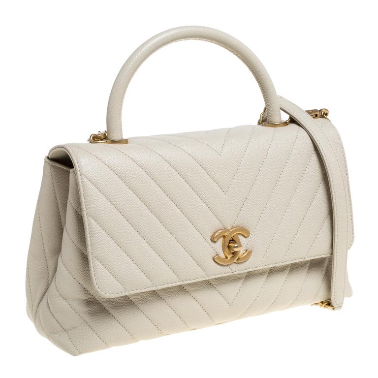 Chanel White Quilted Caviar Leather Small Coco Top Handle Bag at