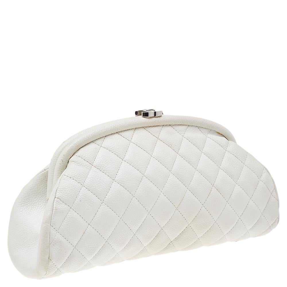 Gray Chanel White Quilted Caviar Leather Timeless Clutch